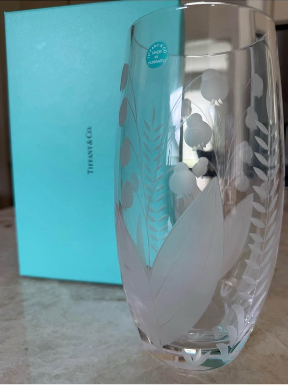 Tiffany & Co. Clear Etched Crystal Vase with Floral Motif